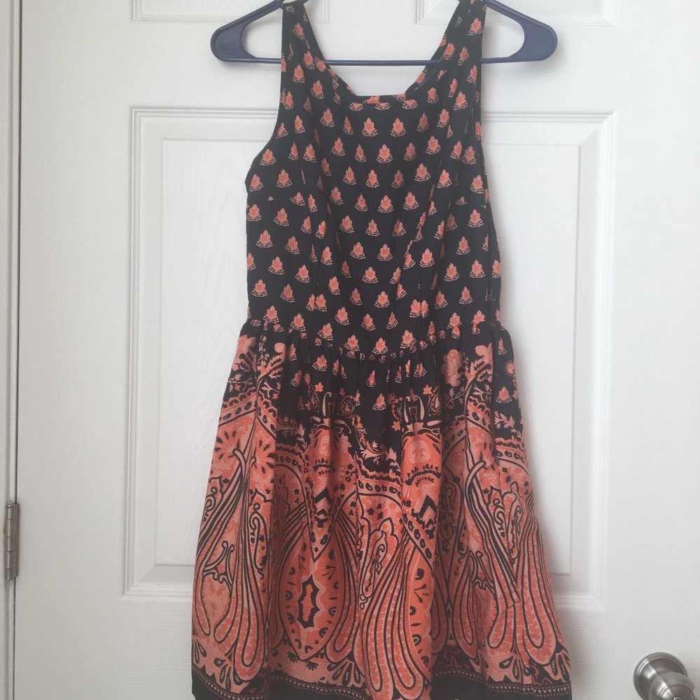 Navy Blue & Orange Sleeveless Skater Dress
